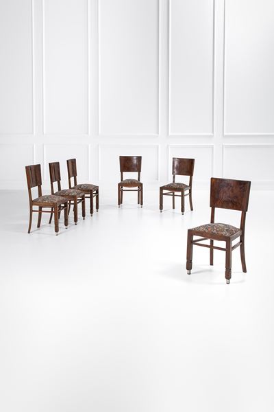 Sei sedie in legno e metallo nichelato, radica e tessuto (ca. 1940)