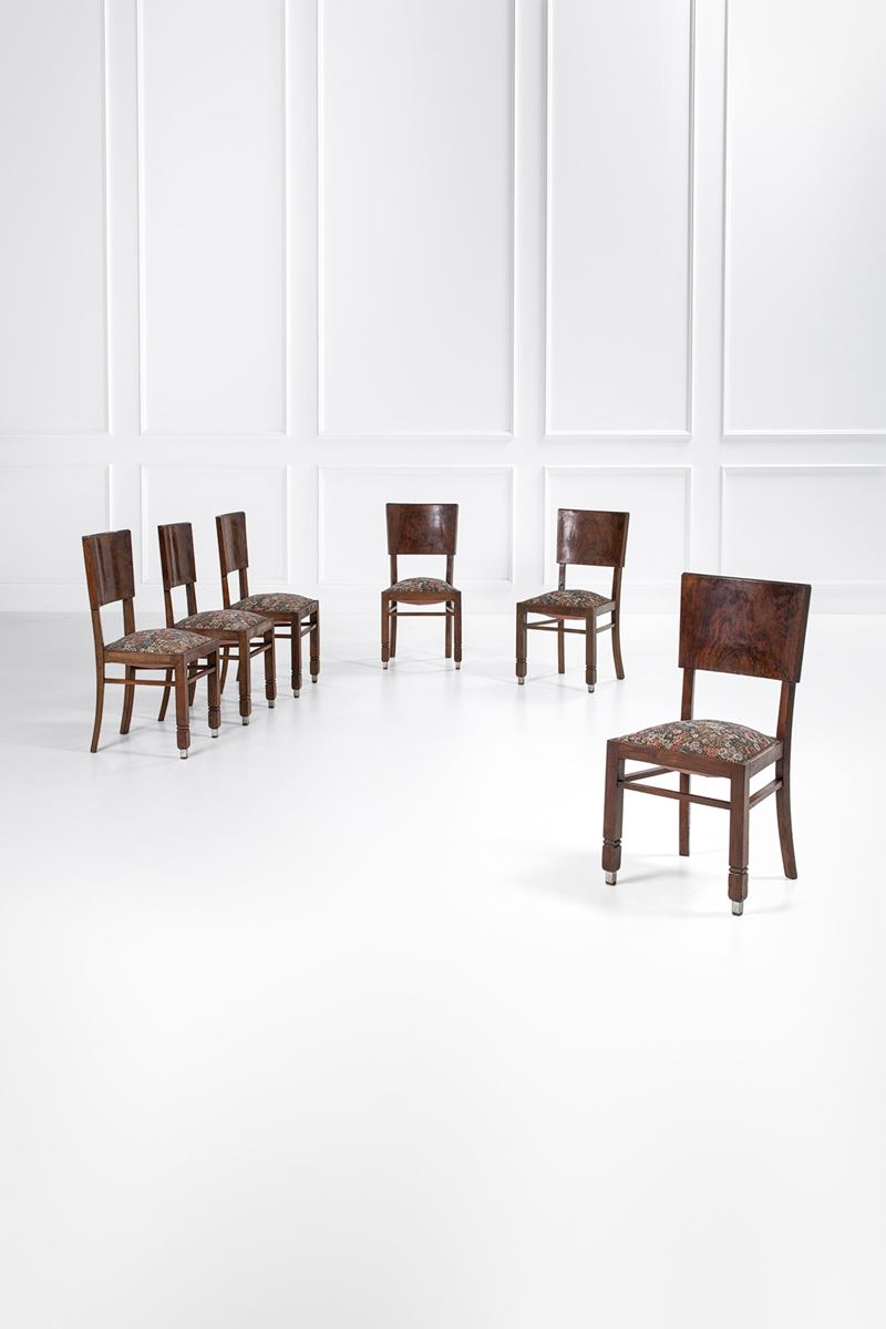 Alfonso Liporesi (attr.) - Sei sedie in legno e metallo nichelato, radica e tessuto (ca. 1940)