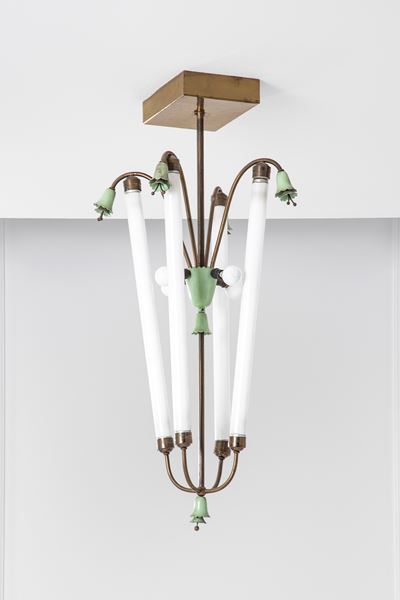 Lampadario in ottone e metallo verniciato con illuminazione al neon, 1930 ca.