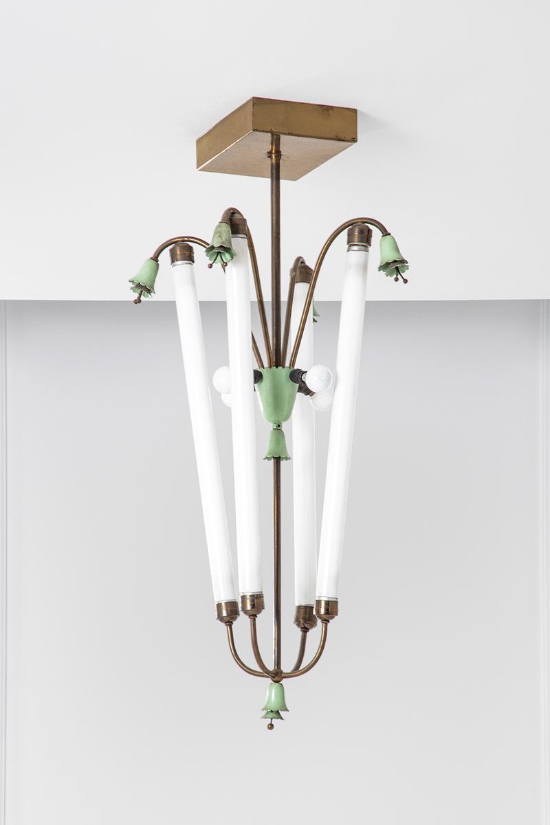 Lampadario in ottone e metallo verniciato con illuminazione al neon, 1930 ca.