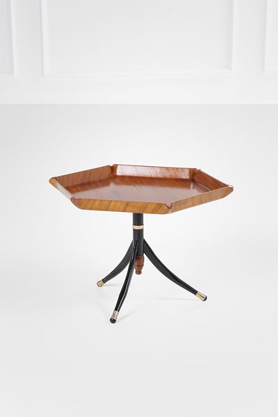 Tavolino a vassoio, legno impiallacciato ebanizzato, ottone, circa 1950