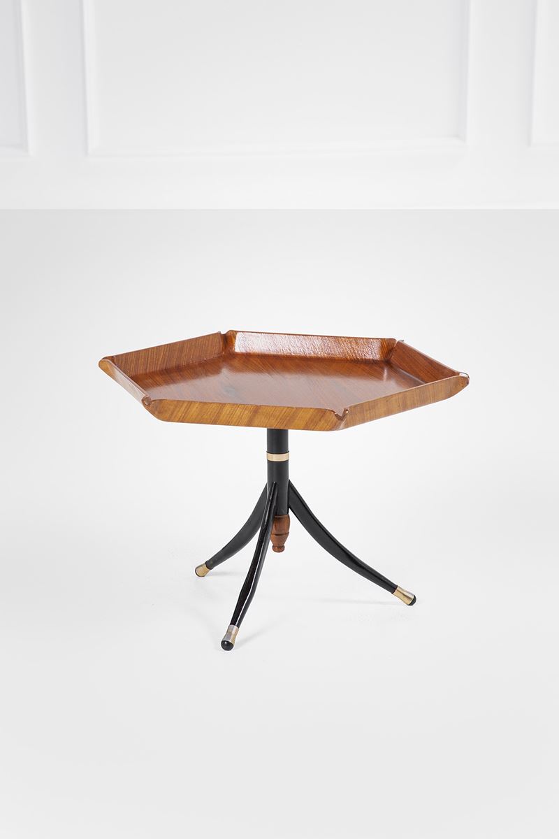 Tavolino a vassoio, legno impiallacciato ebanizzato, ottone, circa 1950