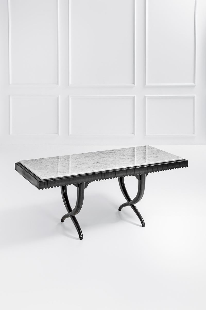 Grande tavolo rettangolare, legno laccato e marmo (c. 1940)