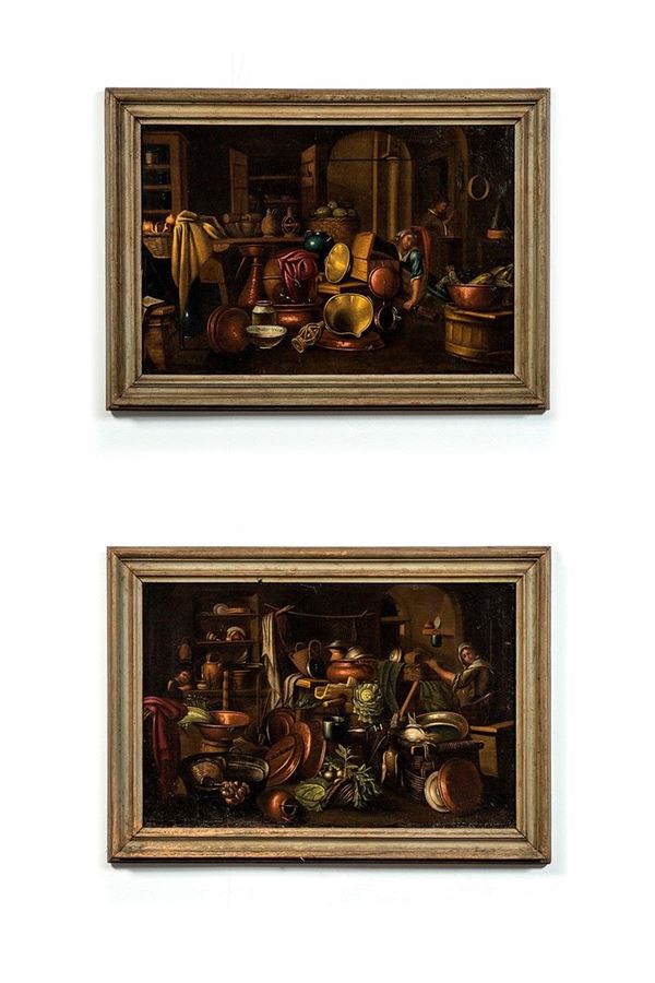 Giovanni Domenico Valentini : Due interni di cucine con figu  - Auction Antiquariato - Incanto Casa d'Aste e Galleria